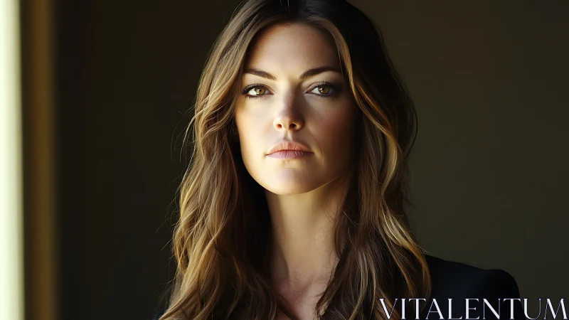 Confident woman with wavy hair in dramatic lighting portrait.