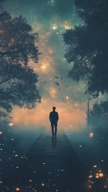 Starlit forest walkway guiding a quiet midnight dreamer.