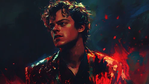 Male portrait in abstract red and teal digital painting style.