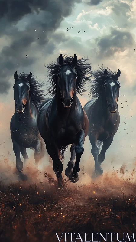Three black horses run forward through dust and storm clouds