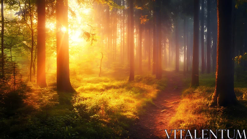 Sunlit forest path at sunrise with golden mist, nature scenery.