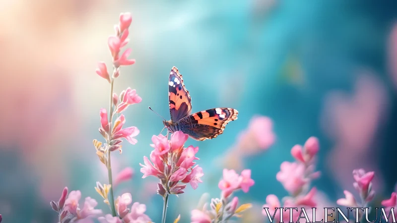 Butterfly rests on pink flower spikes in shallow depth field