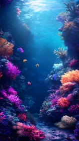 Vertical underwater reef corridor with colorful corals.