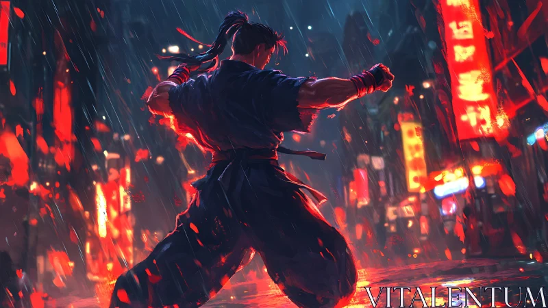 Rain-soaked street warrior ignites neon city showdown night.