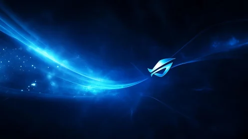 Futuristic blue wave with glowing emblem on dark abstract background.