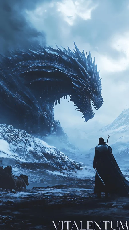 Lone warrior confronting massive ice dragon in snowstorm.