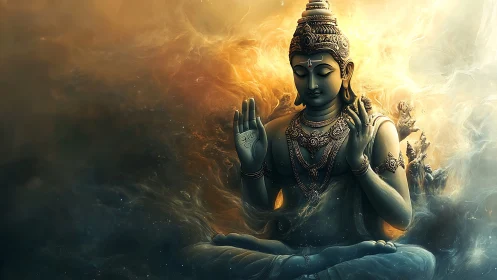 Starlit deity in swirling nebula of gold and midnight calm.