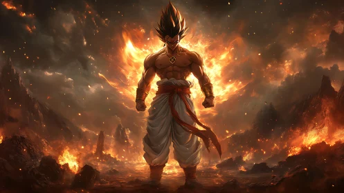 Fire-crowned warrior walks calmly through collapsing worlds