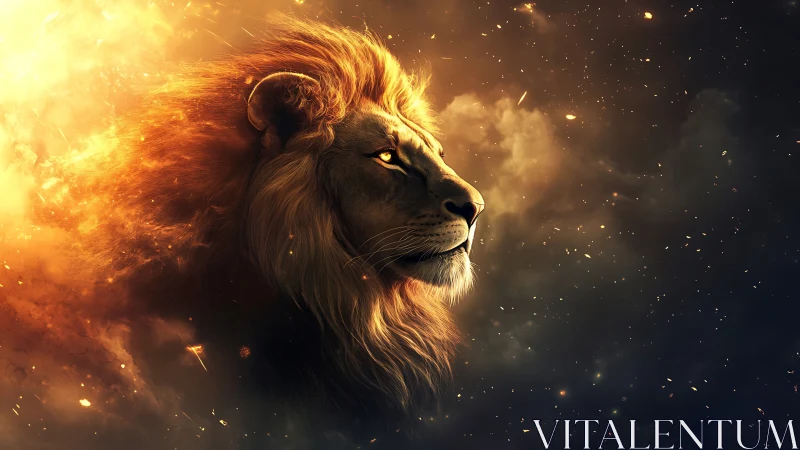 Lion portrait in glowing cosmic fire and dark space.