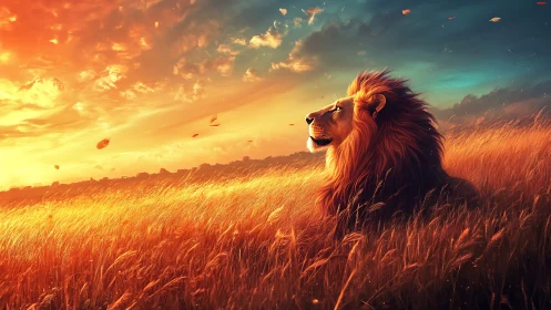 Majestic lion at sunset within glowing golden savanna.