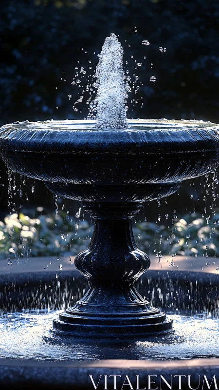 Dark stone garden fountain with water droplets in motion.