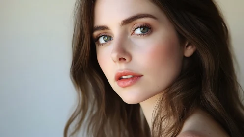 Soft portrait shows luminous eyes and natural makeup glow.
