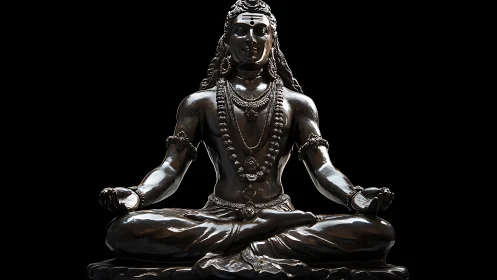Polished dark metal statue depicts meditative seated deity