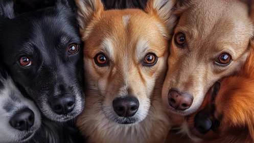 Five close-up dog faces aligned in a tight horizontal row