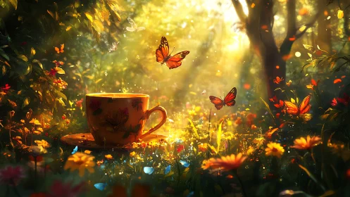 Teacup in sunlit flower meadow with butterflies in motion.