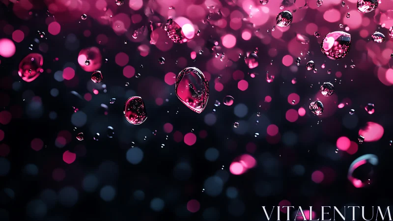 Water droplets are suspended against defocused magenta lights