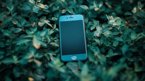 Modern Smartphone Nestled Among Lush Green Foliage and Natural Textures.
