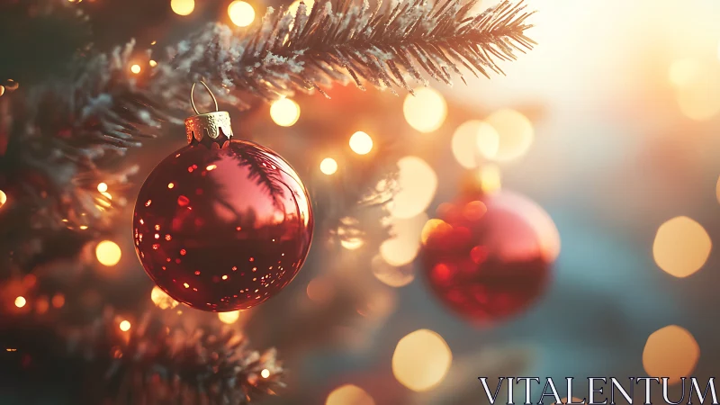 Red baubles hang on a lit evergreen branch in soft focus