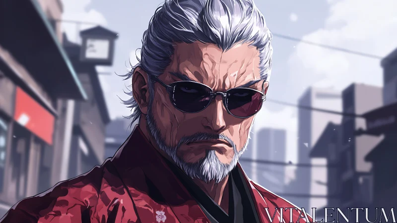 Stoic silver-haired samurai in modern city street.