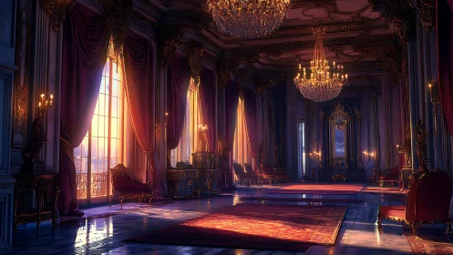 Golden sunset floods an opulent baroque palace hall