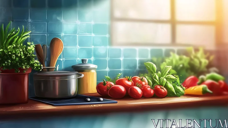 Sunlit kitchen counter with ripe tomatoes and herbs.