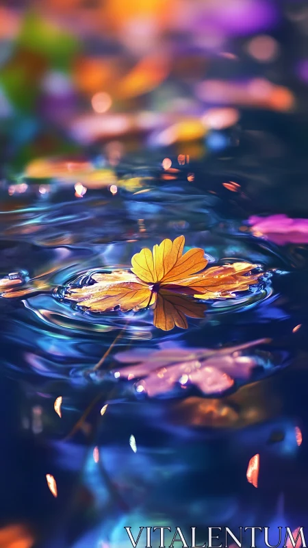 Golden leaf quietly crowns a whirl of liquid twilight colors