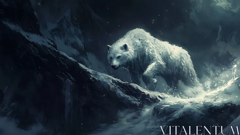 White predator traversing icy ridge in stormy terrain.