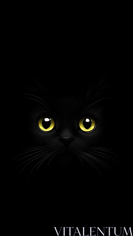 Black Cat with Glowing Yellow Eyes Against Dark Background