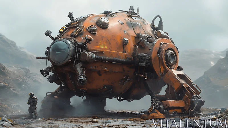 Spherical mech rover rests on misty alien valley floor
