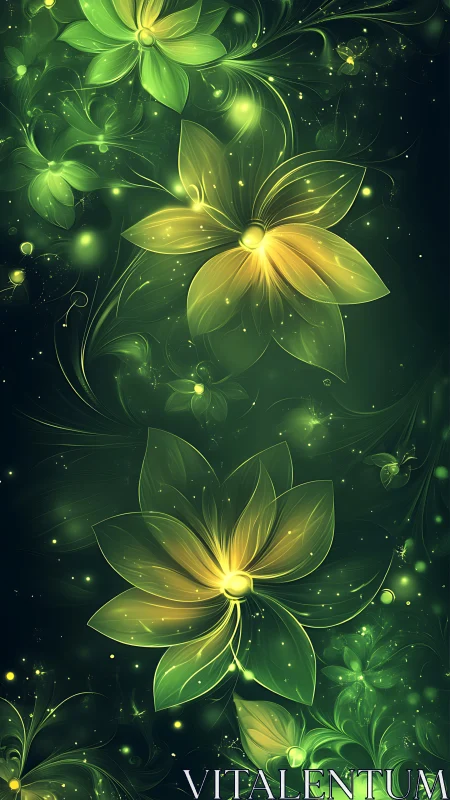 Luminous green and gold blossoms glow in an ethereal night garden