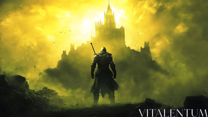 Armored warrior confronts distant castle in toxic yellow fog