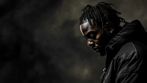 Brooding side-profile portrait under dramatic studio light.