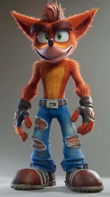 Mischief-fueled cartoon bandicoot in rugged hero stance.