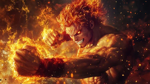 Dynamic anime inferno brawler in explosive flame motion study.