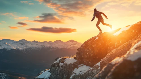 Backlit mountain runner ascends rocky ridge in golden hour light