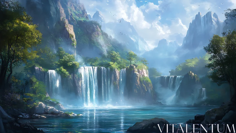 Layered alpine waterfalls cascade into misty turquoise basin