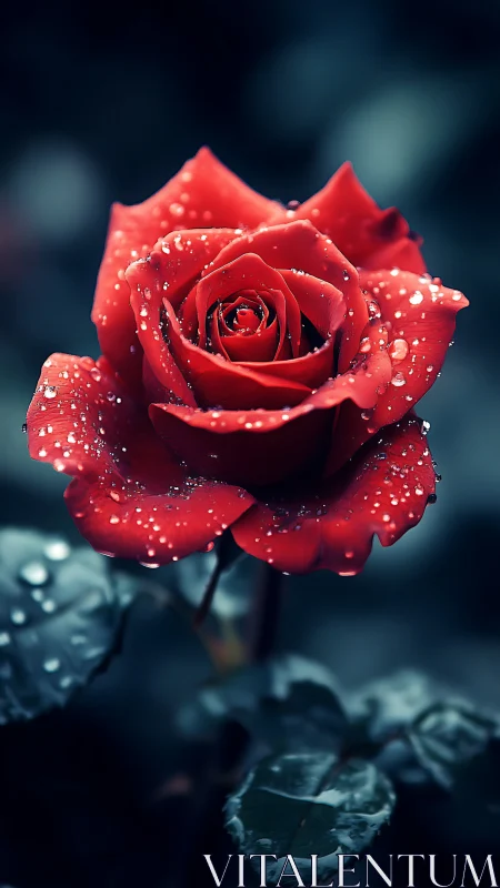 Vibrant Red Rose Glistens with Fresh Dewdrops