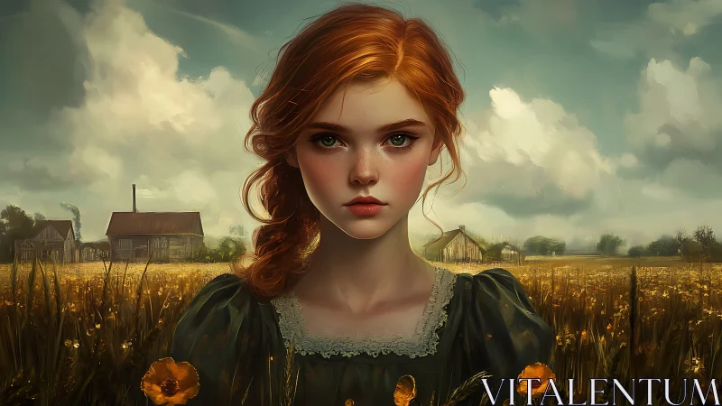 Cinematic portrait of red‑haired farm girl in golden meadow light