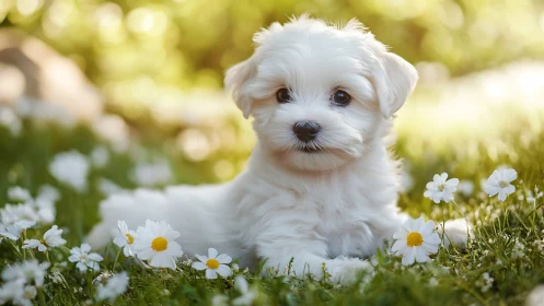 White fluffy puppy resting in sunlit meadow with daisies