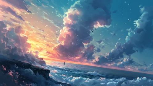 Radiant ocean sunset under towering stormlit clouds.