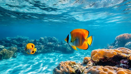 Striped butterflyfish gliding through sunlit coral reef waters.