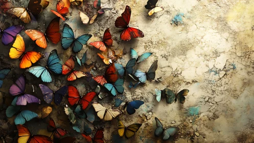 Colorful butterflies drifting softly across a sunlit wall.