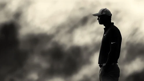 Monochrome golfer silhouette against atmospheric blurred sky.