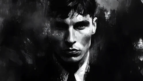 Monochrome male portrait is rendered with stark contrast