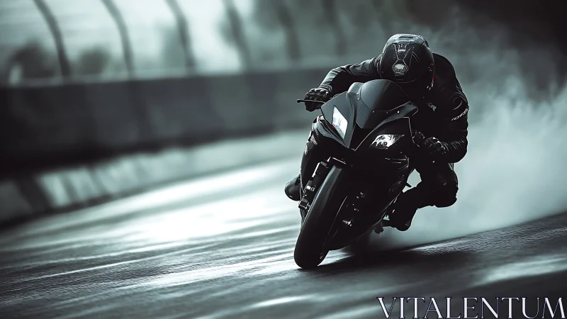 Motorcycle leans through wet racetrack curve in low light