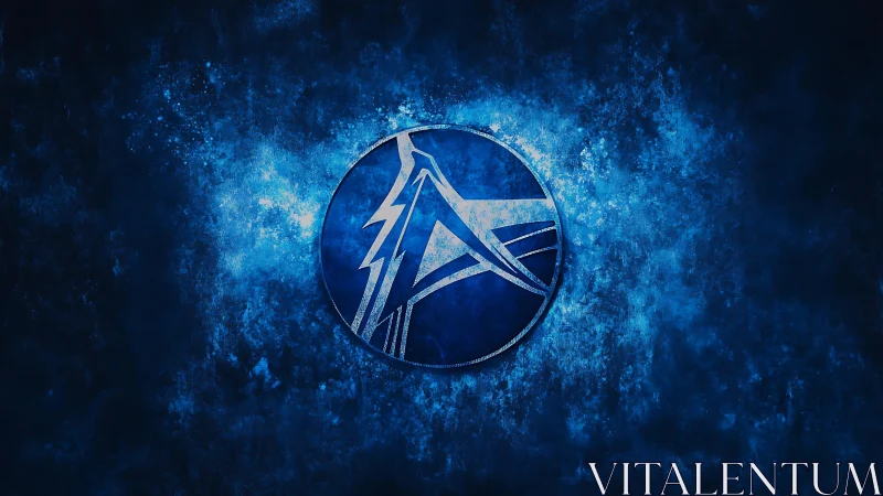 Abstract electric blue logo on textured digital background.