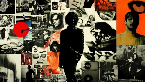 Silhouetted figure stands before dense collage of portraits