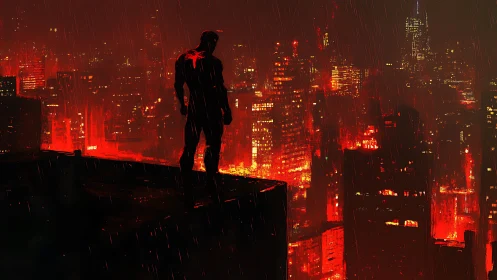 Noir vigilante silhouette over neon-soaked rain cityscape.