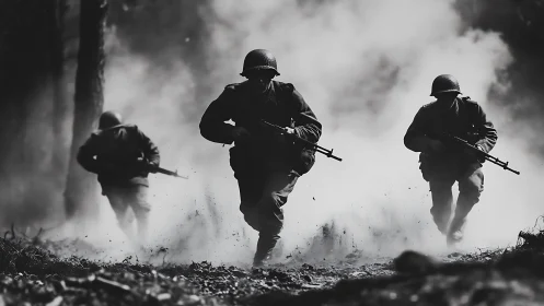Wartime soldiers charge through smoke in dramatic black and white.