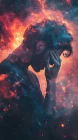 Male silhouette in profile framed by abstract fiery nebula.